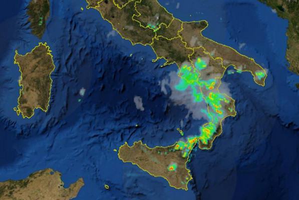 Ancora più eloquente la mappa radar dei temporali della protezione civile
