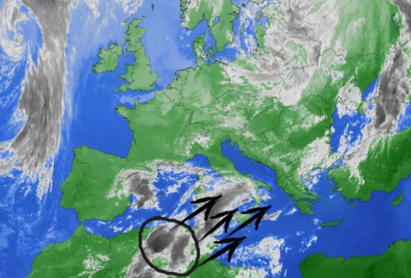 La perturbazione attualmente sulle coste nord africane in movimento verso nord