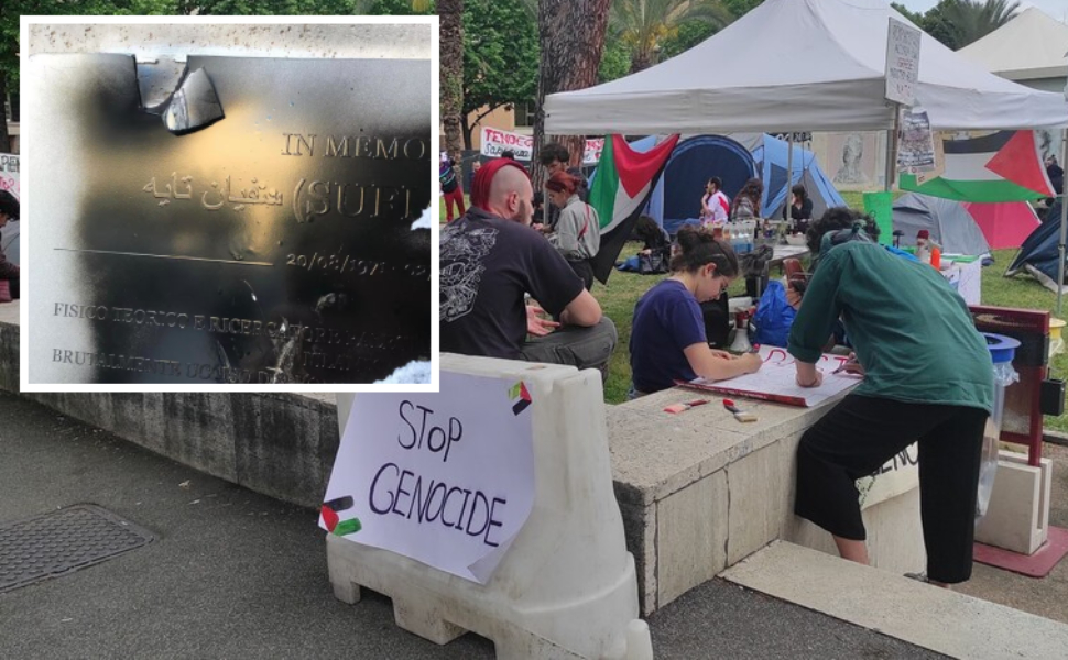 stop genocidio palestina atenei targa vandalizzata